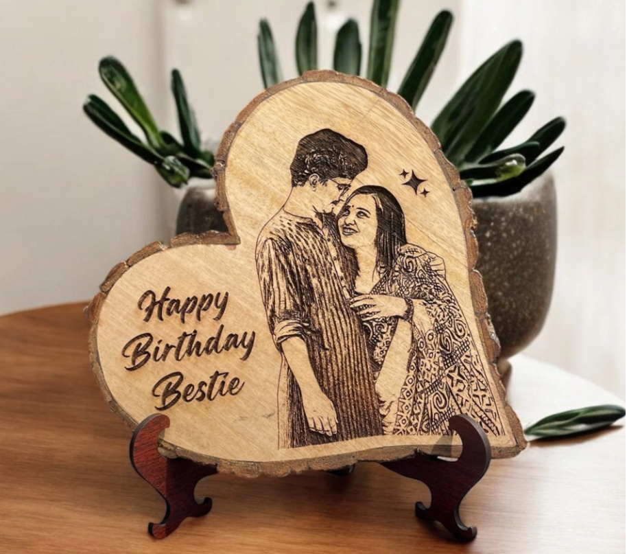 Personalised Natural Wooden  Heart shape  Engraved Photo Frame